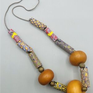 Venetian Millefiori Glass African Trade Bead w/Big Bakelite Bead on Cord Vintage